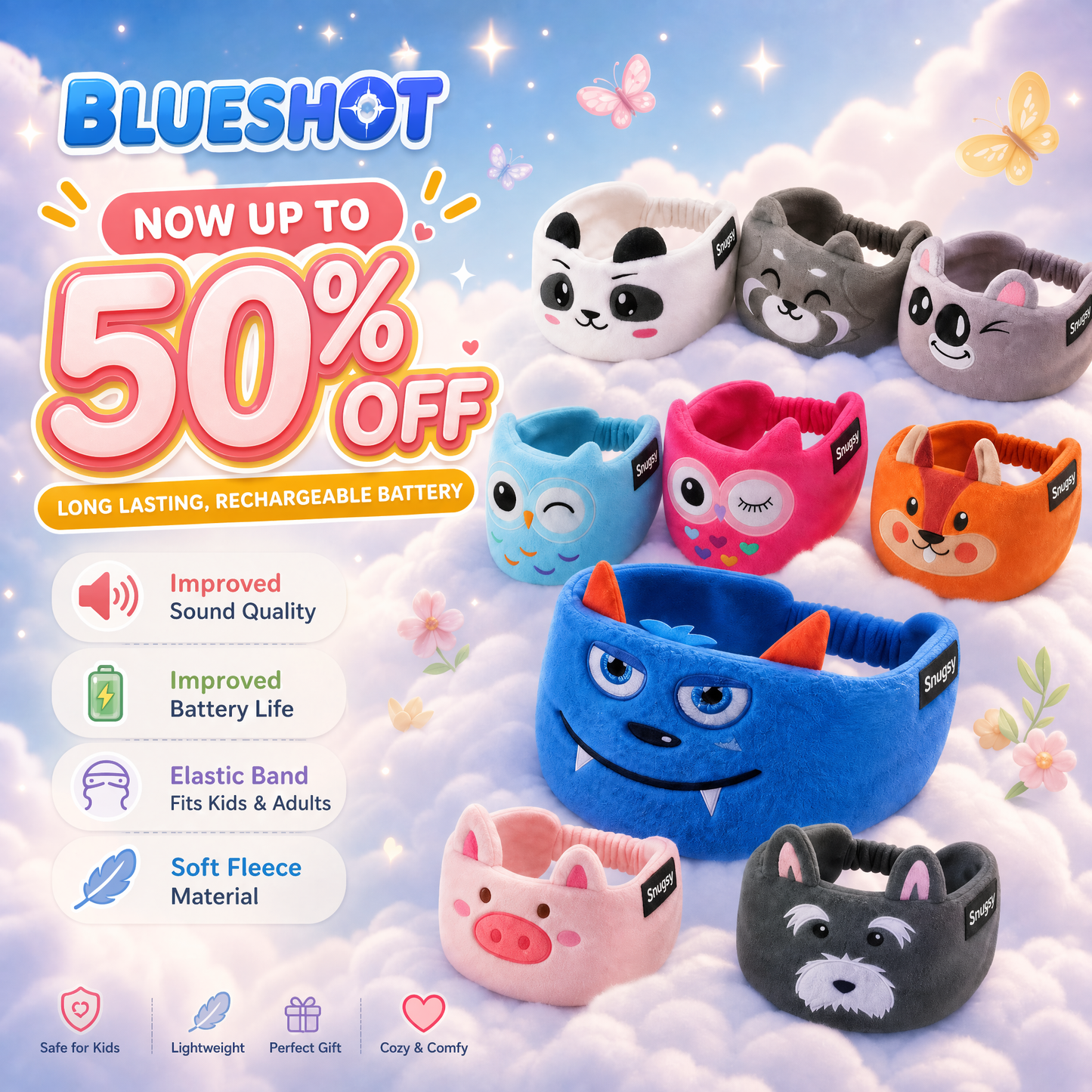 𝑩𝑳𝑼𝑬𝙎𝙃𝑶𝑻® 👑 Soft Bluetooth Sleep Headband For Kids, Toddlers & Adults Long Flights. Quiet Kids. Stress-Free Travel