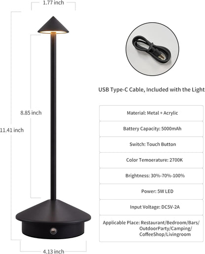 Modern Cordless Table Lamps Set of 2, Rechargeable LED Desk Lamps, 5000mAh Battery, Portable Night Light (Black)