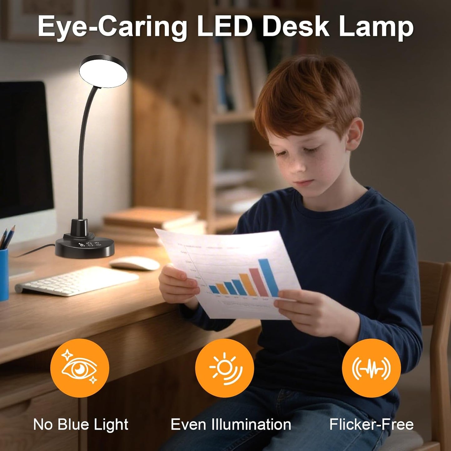Flexible gooseneck lamp arm with base, eye-caring reading light, suitable for home office, bedroom, and study room.