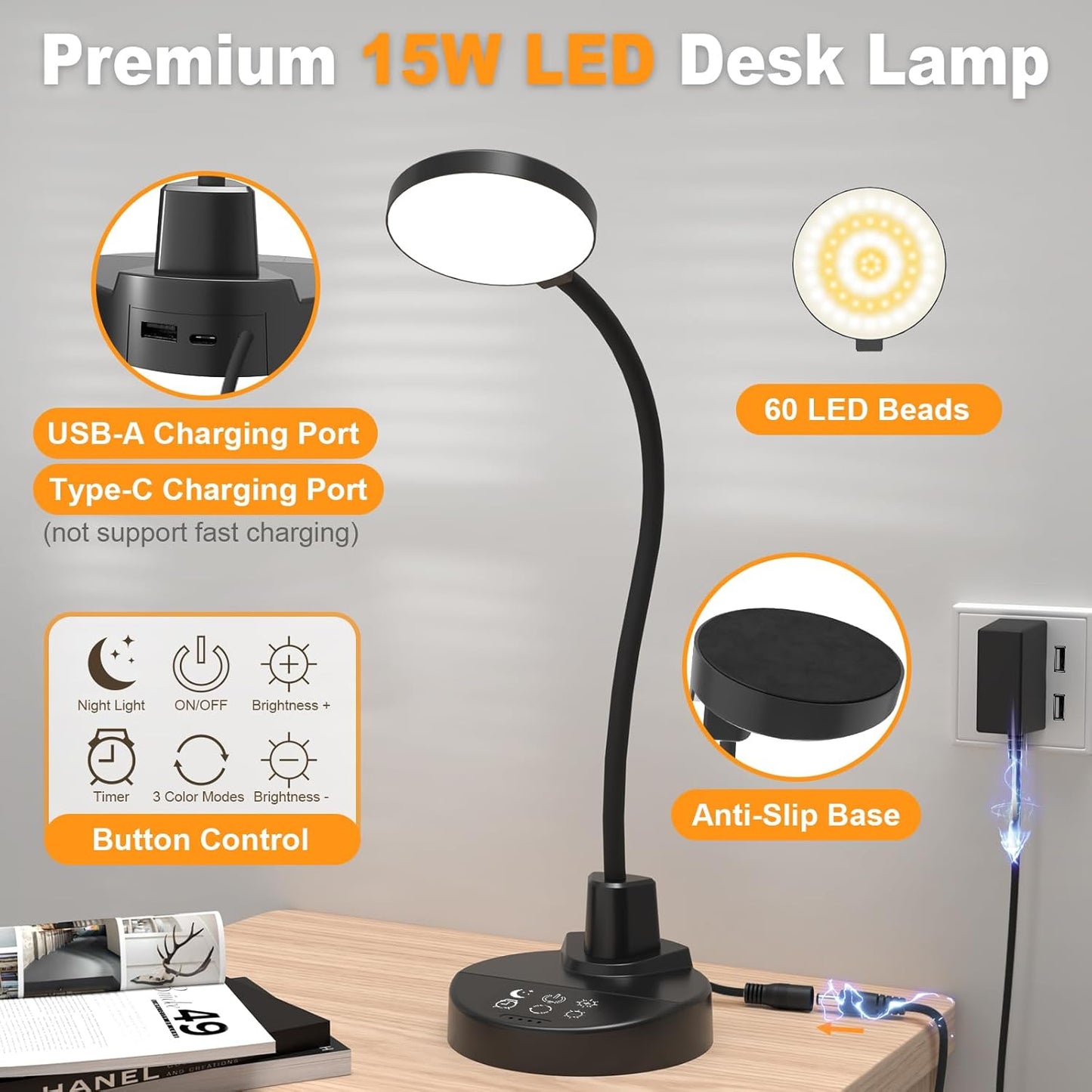 Flexible gooseneck lamp arm with base, eye-caring reading light, suitable for home office, bedroom, and study room.
