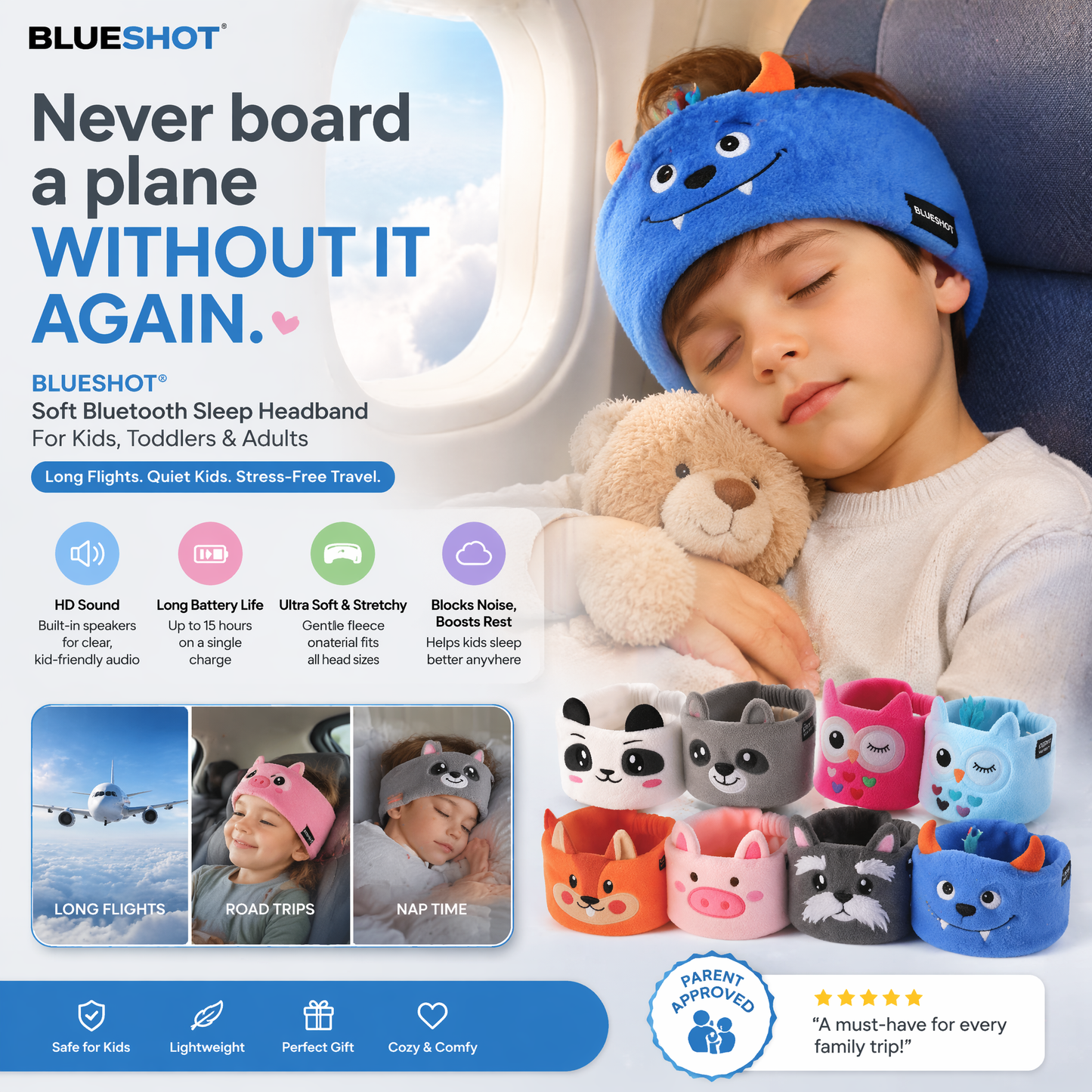 𝑩𝑳𝑼𝑬𝙎𝙃𝑶𝑻® 👑 Soft Bluetooth Sleep Headband For Kids, Toddlers & Adults Long Flights. Quiet Kids. Stress-Free Travel