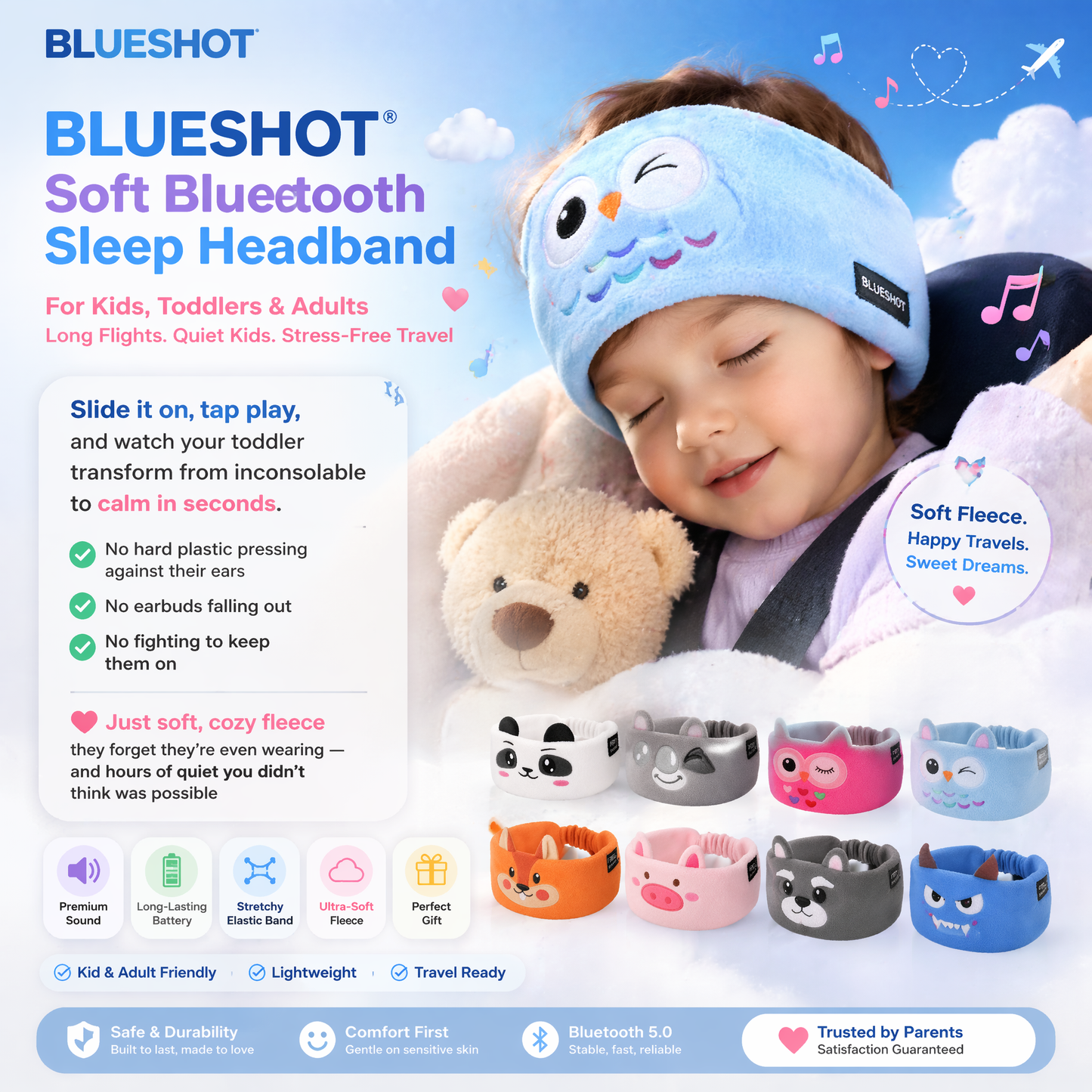 𝑩𝑳𝑼𝑬𝙎𝙃𝑶𝑻® 👑 Soft Bluetooth Sleep Headband For Kids, Toddlers & Adults Long Flights. Quiet Kids. Stress-Free Travel