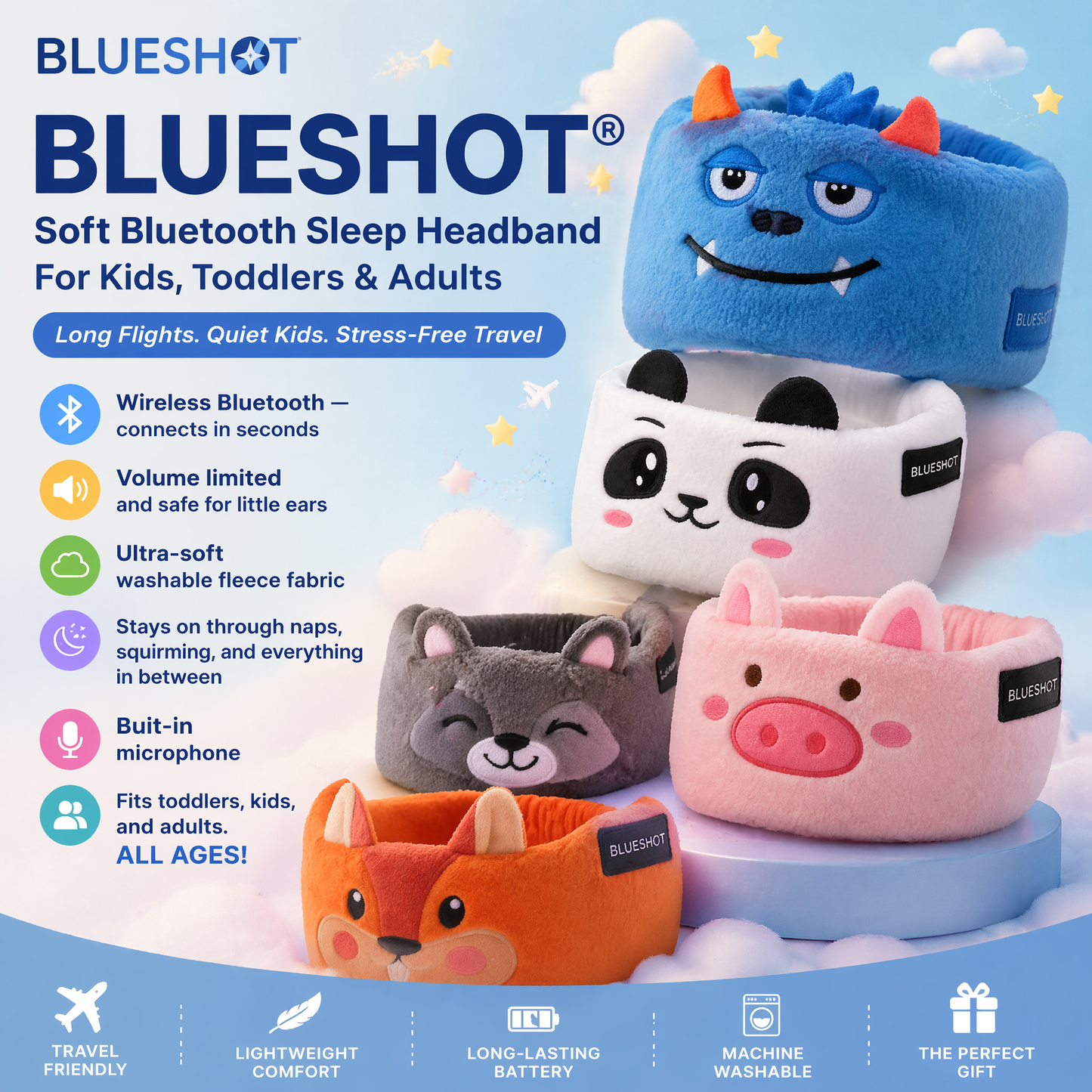 𝑩𝑳𝑼𝑬𝙎𝙃𝑶𝑻® 👑 Soft Bluetooth Sleep Headband For Kids, Toddlers & Adults Long Flights. Quiet Kids. Stress-Free Travel