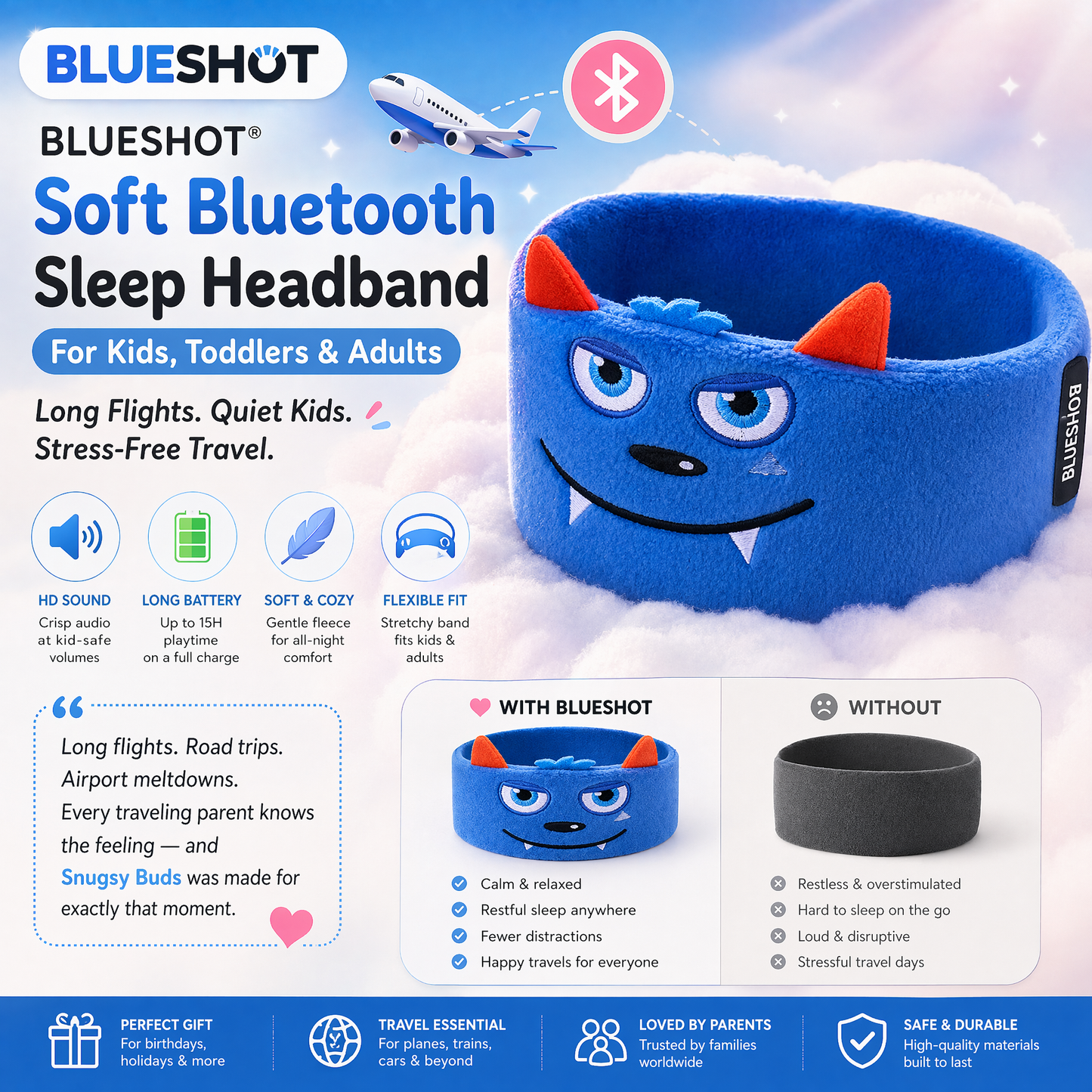 𝑩𝑳𝑼𝑬𝙎𝙃𝑶𝑻® 👑 Soft Bluetooth Sleep Headband For Kids, Toddlers & Adults Long Flights. Quiet Kids. Stress-Free Travel