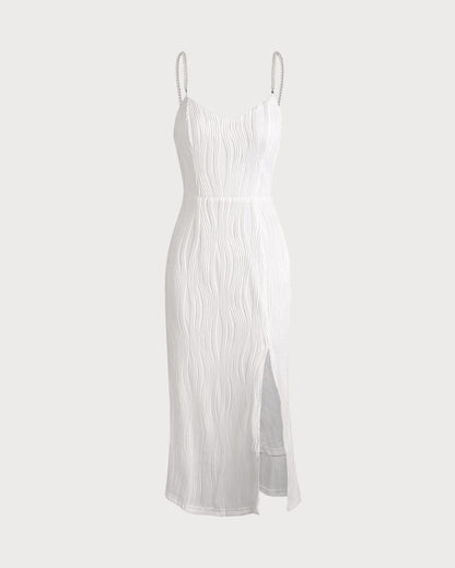 Wave-Texture Pearl-Strap Midi Dress