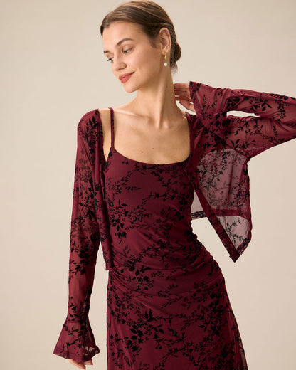 Red Floral Pattern Bodycon Slip Midi Dress