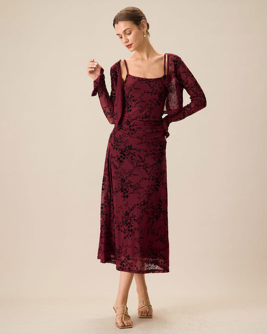 Red Floral Pattern Bodycon Slip Midi Dress